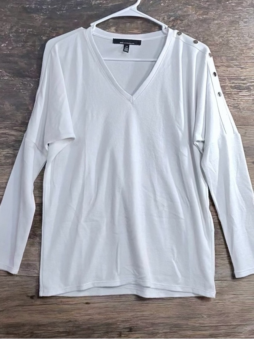White House Black Market White V-Neck Long Sleeve Top with Shoulder Snap Detail
